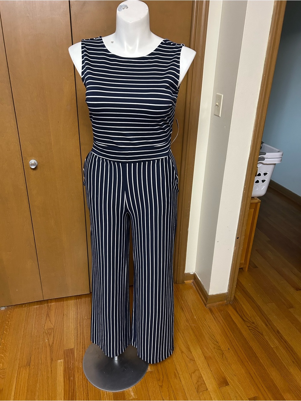 New York & Company Navy and White Striped Sleeveless Jumpsuit